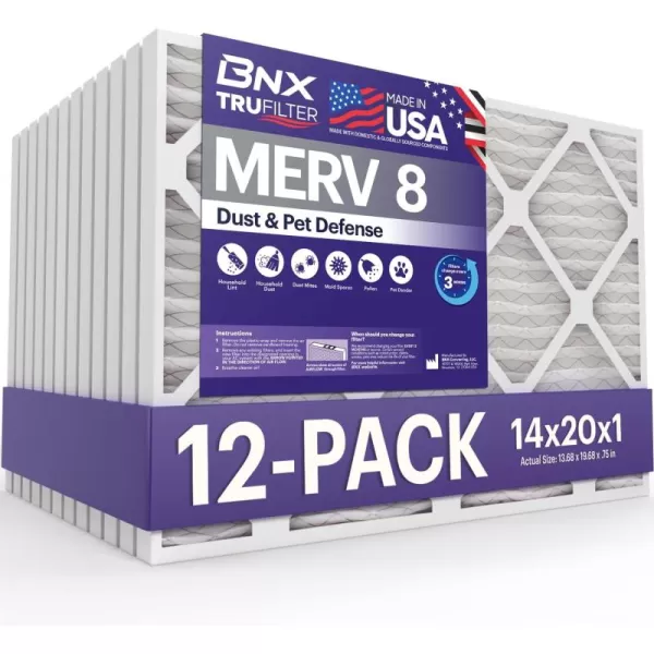 BNX TruFilter 12x12x1 Air Filter MERV 8 6Pack  MADE IN USA  Dust ampamp Pet Defense Pleated Air Conditioner HVAC AC Furnace Filters for Dust Pet Mold Pollen MPR 600  700 ampamp FPR 514x20x1 12Pack
