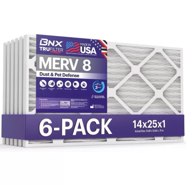 BNX TruFilter 12x12x1 Air Filter MERV 8 6Pack  MADE IN USA  Dust ampamp Pet Defense Pleated Air Conditioner HVAC AC Furnace Filters for Dust Pet Mold Pollen MPR 600  700 ampamp FPR 514x25x1 6Pack