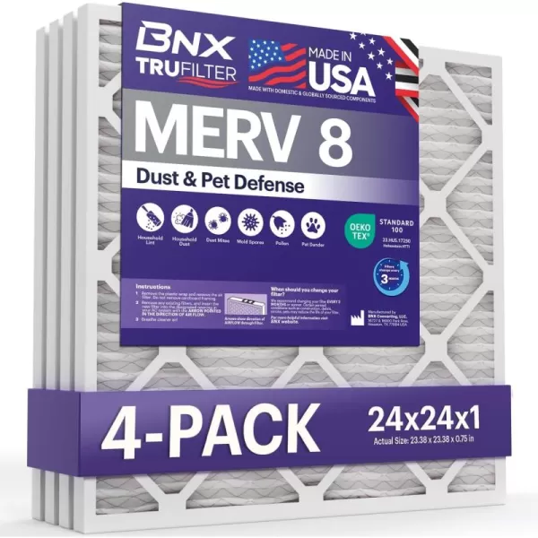 BNX TruFilter 16x25x1 Air Filter MERV 8 6Pack  MADE IN USA  Dust ampamp Pet Defense Electrostatic Pleated Air Conditioner HVAC AC Furnace Filters for Dust Pet Mold Pollen MPR 600  700 ampamp FPR 524x24x1 4Pack