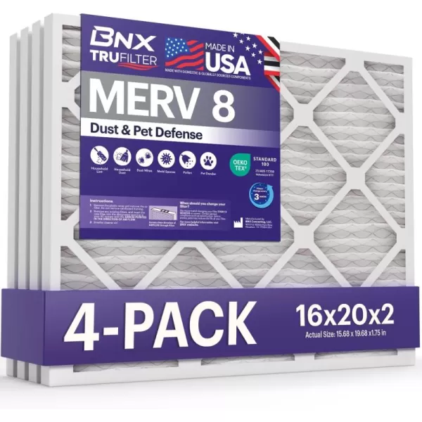 BNX TruFilter 16x25x1 Air Filter MERV 8 6Pack  MADE IN USA  Dust ampamp Pet Defense Electrostatic Pleated Air Conditioner HVAC AC Furnace Filters for Dust Pet Mold Pollen MPR 600  700 ampamp FPR 516x20x2 4Pack