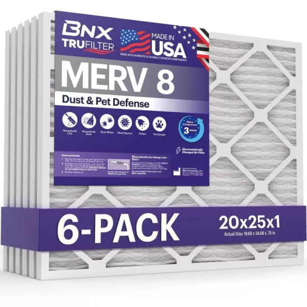 BNX TruFilter 16x25x1 Air Filter MERV 8 6Pack  MADE IN USA  Dust ampamp Pet Defense Electrostatic Pleated Air Conditioner HVAC AC Furnace Filters for Dust Pet Mold Pollen MPR 600  700 ampamp FPR 520x25x1 6Pack