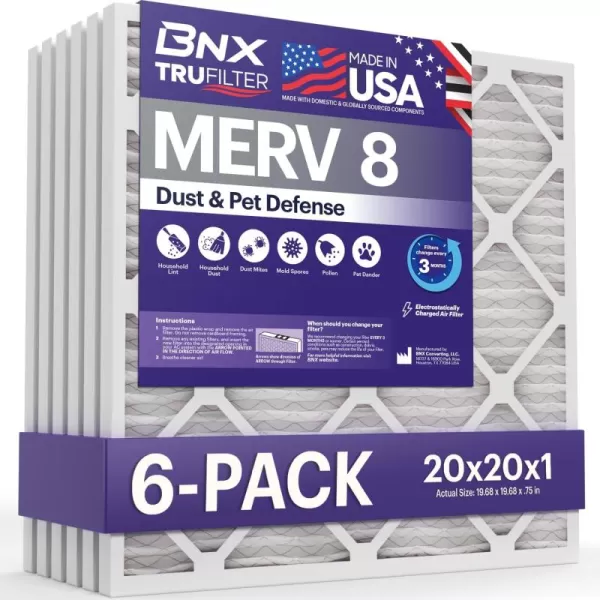 BNX TruFilter 16x25x1 Air Filter MERV 8 6Pack  MADE IN USA  Dust ampamp Pet Defense Electrostatic Pleated Air Conditioner HVAC AC Furnace Filters for Dust Pet Mold Pollen MPR 600  700 ampamp FPR 520x20x1 6Pack