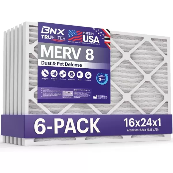 BNX TruFilter 16x25x1 Air Filter MERV 8 6Pack  MADE IN USA  Dust ampamp Pet Defense Electrostatic Pleated Air Conditioner HVAC AC Furnace Filters for Dust Pet Mold Pollen MPR 600  700 ampamp FPR 516x24x1 6Pack