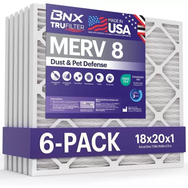 BNX TruFilter 16x25x1 Air Filter MERV 8 6Pack  MADE IN USA  Dust ampamp Pet Defense Electrostatic Pleated Air Conditioner HVAC AC Furnace Filters for Dust Pet Mold Pollen MPR 600  700 ampamp FPR 518x20x1 6Pack