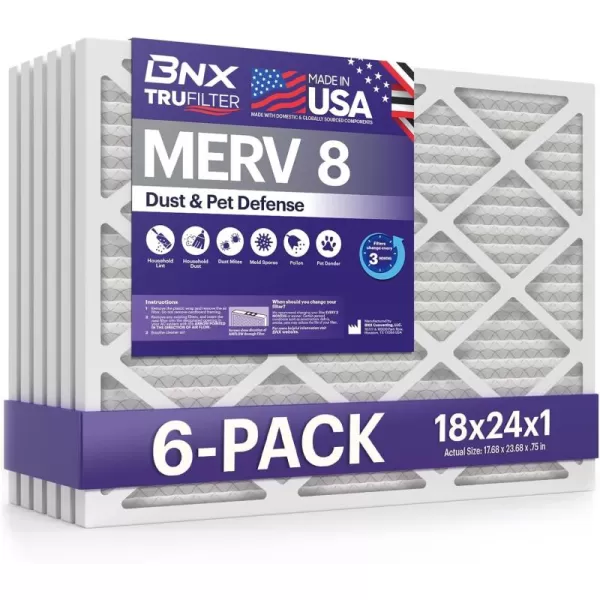 BNX TruFilter 16x25x1 Air Filter MERV 8 6Pack  MADE IN USA  Dust ampamp Pet Defense Electrostatic Pleated Air Conditioner HVAC AC Furnace Filters for Dust Pet Mold Pollen MPR 600  700 ampamp FPR 518x24x1 6Pack