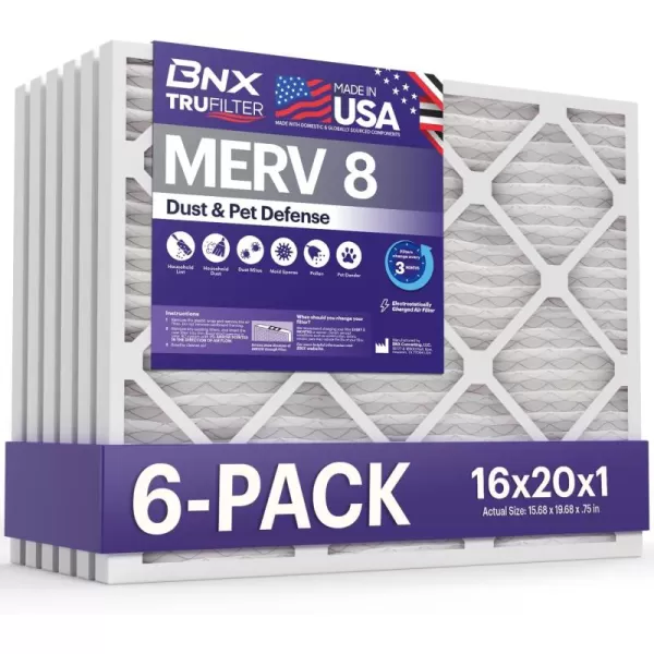BNX TruFilter 16x25x1 Air Filter MERV 8 6Pack  MADE IN USA  Dust ampamp Pet Defense Electrostatic Pleated Air Conditioner HVAC AC Furnace Filters for Dust Pet Mold Pollen MPR 600  700 ampamp FPR 516x20x1 6Pack