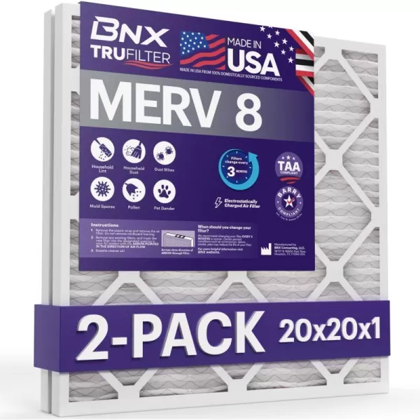 BNX TruFilter 16x25x1 Air Filter MERV 8 6Pack  MADE IN USA  Dust ampamp Pet Defense Electrostatic Pleated Air Conditioner HVAC AC Furnace Filters for Dust Pet Mold Pollen MPR 600  700 ampamp FPR 520x20x1 2Pack