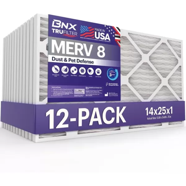 BNX TruFilter 16x25x1 Air Filter MERV 8 6Pack  MADE IN USA  Dust ampamp Pet Defense Electrostatic Pleated Air Conditioner HVAC AC Furnace Filters for Dust Pet Mold Pollen MPR 600  700 ampamp FPR 514x25x1 12Pack
