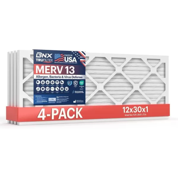 BNX TruFilter 18x20x1 Air Filter MERV 13 4Pack  MADE IN USA  Electrostatic Pleated Air Conditioner HVAC AC Furnace Filters for Allergies Pollen Mold Bacteria Smoke Allergen MPR 1900 FPR 1012x30x1 4Pack