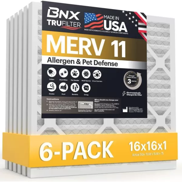 BNX TruFilter 20x22x1 Air Filter MERV 11 6Pack  MADE IN USA  Allergen Defense Electrostatic Pleated Air Conditioner HVAC AC Furnace Filters for Allergies Dust Pet Smoke Allergy MPR 1200 FPR 716x16x1 6Pack
