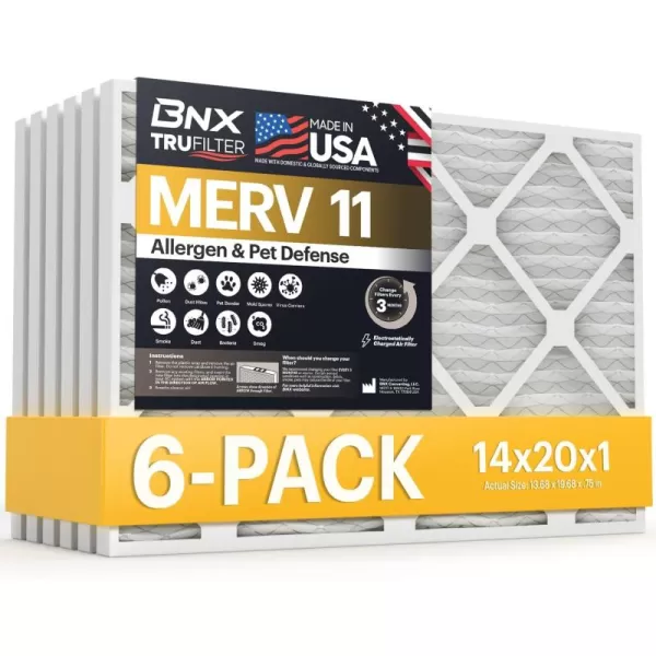 BNX TruFilter 20x22x1 Air Filter MERV 11 6Pack  MADE IN USA  Allergen Defense Electrostatic Pleated Air Conditioner HVAC AC Furnace Filters for Allergies Dust Pet Smoke Allergy MPR 1200 FPR 714x20x1 6Pack