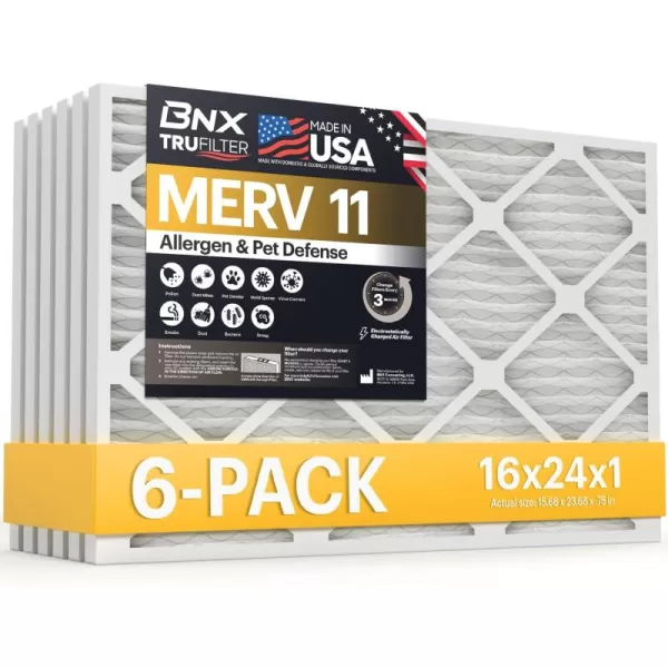 BNX TruFilter 20x22x1 Air Filter MERV 11 6Pack  MADE IN USA  Allergen Defense Electrostatic Pleated Air Conditioner HVAC AC Furnace Filters for Allergies Dust Pet Smoke Allergy MPR 1200 FPR 716x24x1 6Pack