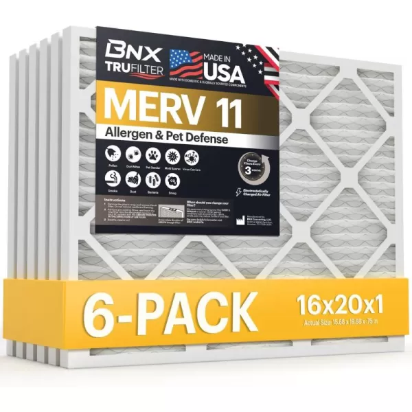 BNX TruFilter 20x22x1 Air Filter MERV 11 6Pack  MADE IN USA  Allergen Defense Electrostatic Pleated Air Conditioner HVAC AC Furnace Filters for Allergies Dust Pet Smoke Allergy MPR 1200 FPR 716x20x1 6pack