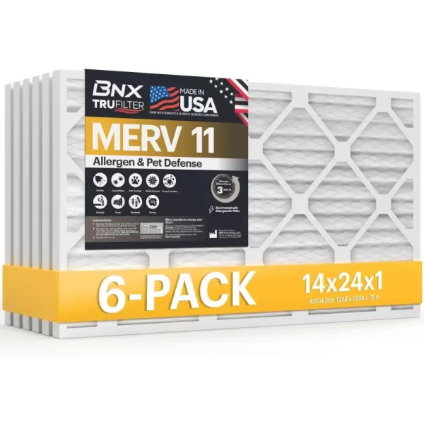 BNX TruFilter 20x22x1 Air Filter MERV 11 6Pack  MADE IN USA  Allergen Defense Electrostatic Pleated Air Conditioner HVAC AC Furnace Filters for Allergies Dust Pet Smoke Allergy MPR 1200 FPR 714x24x1 6Pack