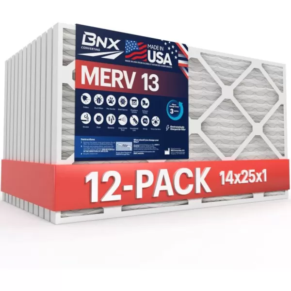 BNX 14x25x1 MERV 13 Air Filter 12 Pack  MADE IN USA  Electrostatic Pleated Air Conditioner HVAC AC Furnace Filters  Removes Pollen Mold Bacteria