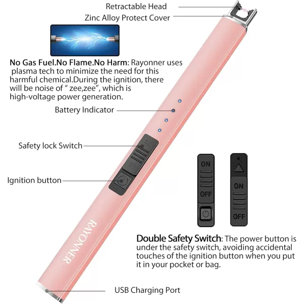 imageRAYONNER Candle Lighter Plasma Arc Lighters Windproof Flameless with  Stocking Stuffers for Women Men Wife Adults Double Safety Switch 1Pack Rose GoldRose Gold