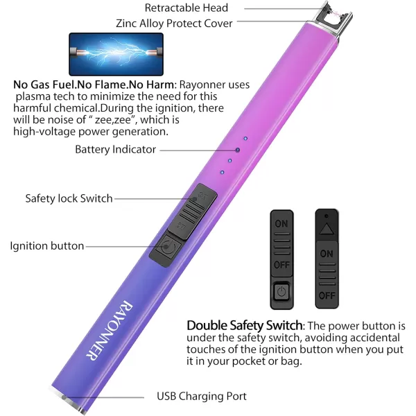 imageRAYONNER Lighter Electric Lighter Candle Lighter USB Lighter with Safety Switch Rechargeable Flameless Plasma GreenampampBlue GradientSierra Blue Packs of 2Pinkviolet Gradient Sierra Blue