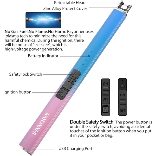 imageRAYONNER Lighter Electric Lighter Candle Lighter USB Lighter with Safety Switch Rechargeable Flameless PlasmaBluePink Gradient