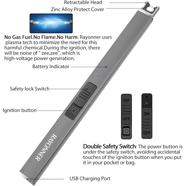 imageRAYONNER Lighter Electric Lighter Candle Lighter USB Lighter with Safety Switch Rechargeable Flameless PlasmaGray