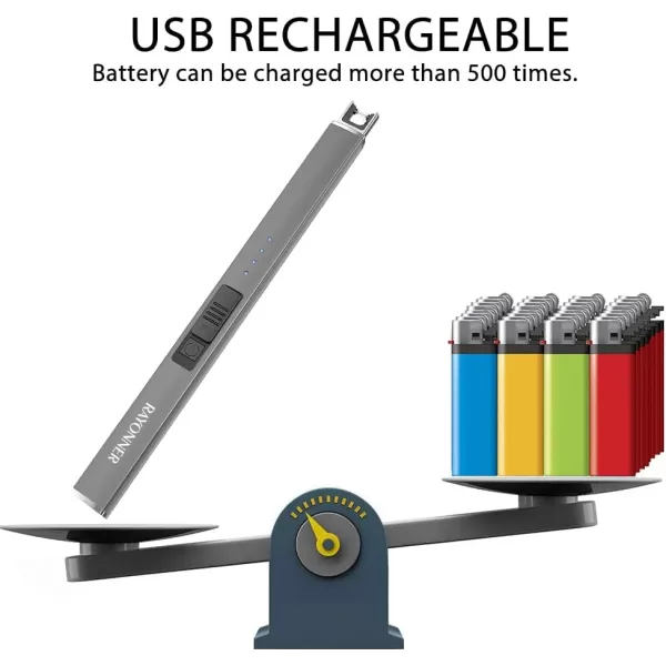 imageRAYONNER Lighter Electric Lighter Candle Lighter USB Lighter with Safety Switch Rechargeable Flameless PlasmaGray