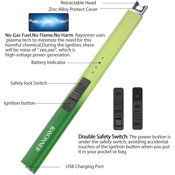imageRAYONNER Lighter Electric Lighter Candle Lighter USB Lighter with Safety Switch Rechargeable Flameless PlasmaGreenYellow Gradient