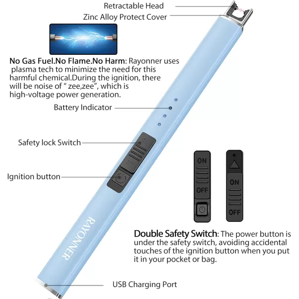 imageRAYONNER Lighter Electric Lighter Candle Lighter USB Lighter with Safety Switch Rechargeable Flameless PlasmaSierra Blue