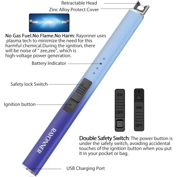 imageRAYONNER Lighter Electric Lighter Candle Lighter USB Lighter with Safety Switch Rechargeable Flameless PlasmaSierra BlueViolet Gradient