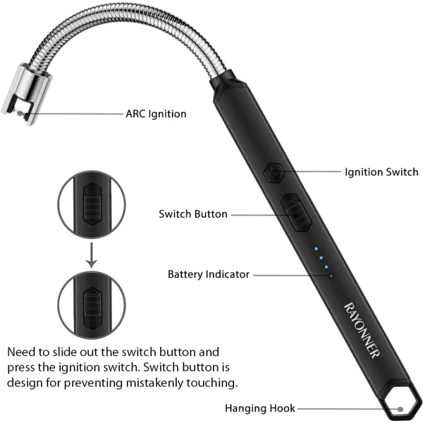 imageRAYONNER Lighter Electric Candle Lighter Rechargeable USB Lighter Long Flexible Neck BlueBlack3