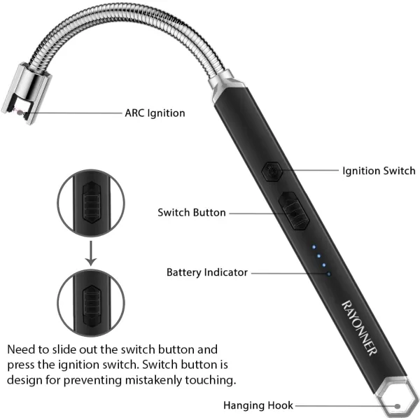 imageRAYONNER Lighter Electric Candle Lighter Rechargeable USB Lighter Long Flexible Neck BlueBlackblack