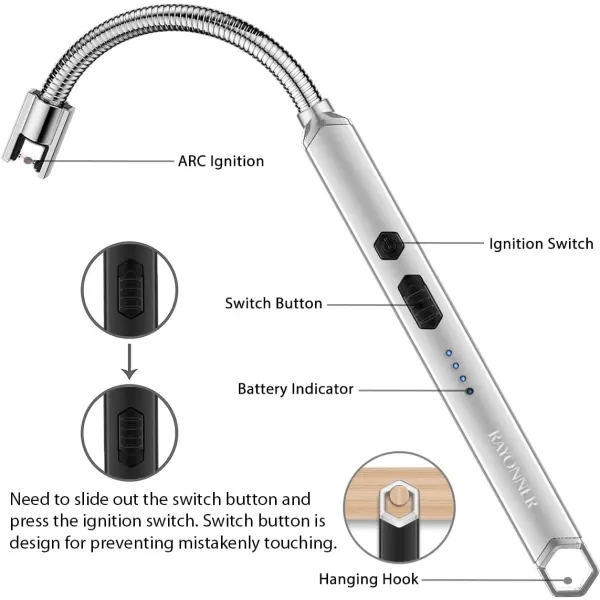 imageRAYONNER Lighter Electric Candle Lighter Rechargeable USB Lighter Long Flexible Neck BlueBlacksilver