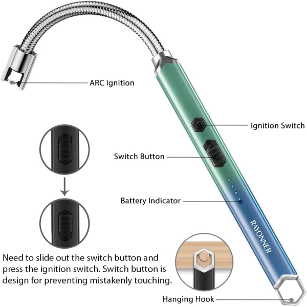 imageRAYONNER Lighter Electric Candle Lighter Rechargeable USB Lighter Long Flexible Neck BlueBlueGreen Gradient