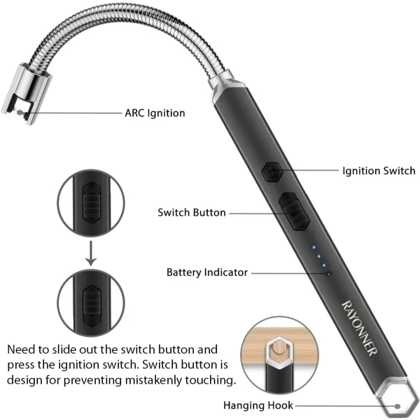 imageRAYONNER Lighter Electric Candle Lighter Rechargeable USB Lighter Long Flexible Neck BlueGray