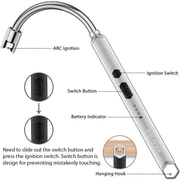 imageRAYONNER Lighter Electric Candle Lighter Rechargeable USB Lighter Long Flexible Neck BlueGraysilver