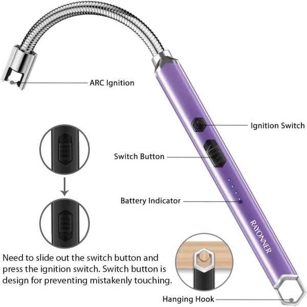 imageRAYONNER Lighter Electric Candle Lighter Rechargeable USB Lighter Long Flexible Neck BluePurple