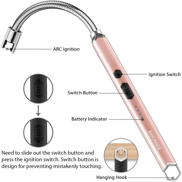 imageRAYONNER Lighter Electric Candle Lighter Rechargeable USB Lighter Long Flexible Neck BlueRose Gold