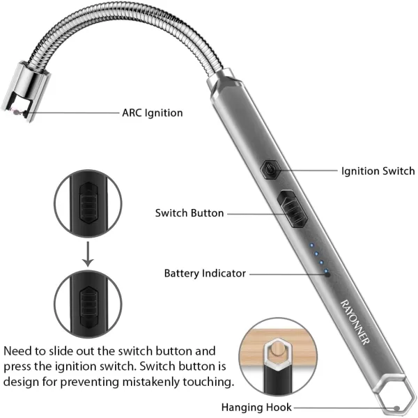 imageRAYONNER Lighter Electric Candle Lighter Rechargeable USB Lighter Long Flexible Neck BlueSilver