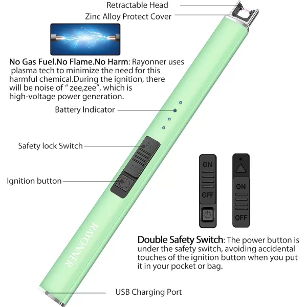 imageRAYONNER Lighter Electric Lighter Candle Lighter Rechargeable USB Lighter Arc Lighters Light Green Packs of 2Light Green2