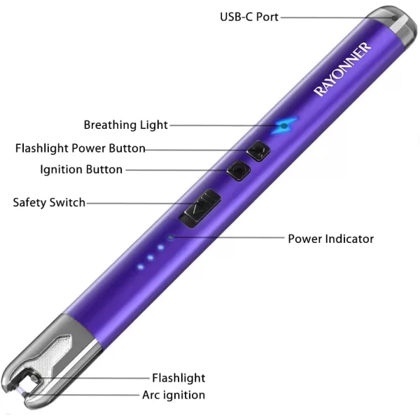 imageRAYONNER Lighter Electric Candle Lighter with Flashlight Stocking Stuffers for Adults Women Men Wife Sister Friend Birthday Gifts for Women Mom Rechargeable USB Lighter Arc Flameless Lighters1 Pack  Purple