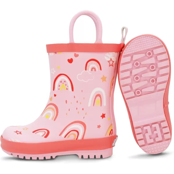 imageBaby Toddler Kids Natural Rubber Rain Boots Easyon with Soft Cotton Lining for Girls BoysPink Rainbow With Handles