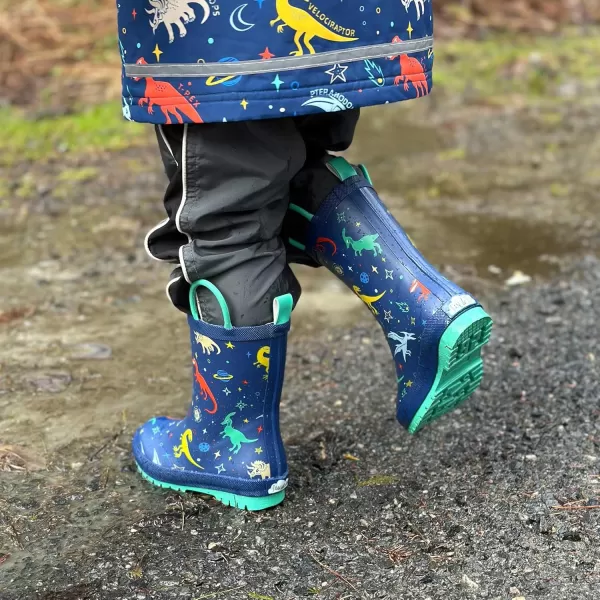imageBaby Toddler Kids Natural Rubber Rain Boots Easyon with Soft Cotton Lining for Girls BoysSpace Dinos With Handles