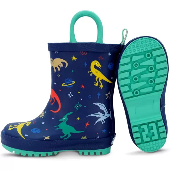 imageBaby Toddler Kids Natural Rubber Rain Boots Easyon with Soft Cotton Lining for Girls BoysSpace Dinos With Handles