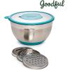 imageGoodful Stainless Steel Mixing Bowl with NonSlip Bottom Lid and 3 Interchangeable Grater Inserts Fine Coarse Slicing 5 Quart RedTeal