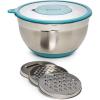 imageGoodful Stainless Steel Mixing Bowl with NonSlip Bottom Lid and 3 Interchangeable Grater Inserts Fine Coarse Slicing 5 Quart RedTeal