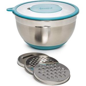 imageGoodful Stainless Steel Mixing Bowl with NonSlip Bottom Lid and 3 Interchangeable Grater Inserts Fine Coarse Slicing 5 Quart RedTeal