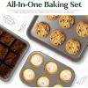 imageGoodful AllInOne Nonstick Bakeware Set Stackable and Space Saving Design includes Round and Square Pans Muffin Pans Cookie Sheet and Roaster Dishwasher Safe 8Piece Blue MistGraphite