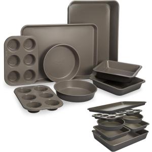 imageGoodful AllInOne Nonstick Bakeware Set Stackable and Space Saving Design includes Round and Square Pans Muffin Pans Cookie Sheet and Roaster Dishwasher Safe 8Piece Blue MistGraphite