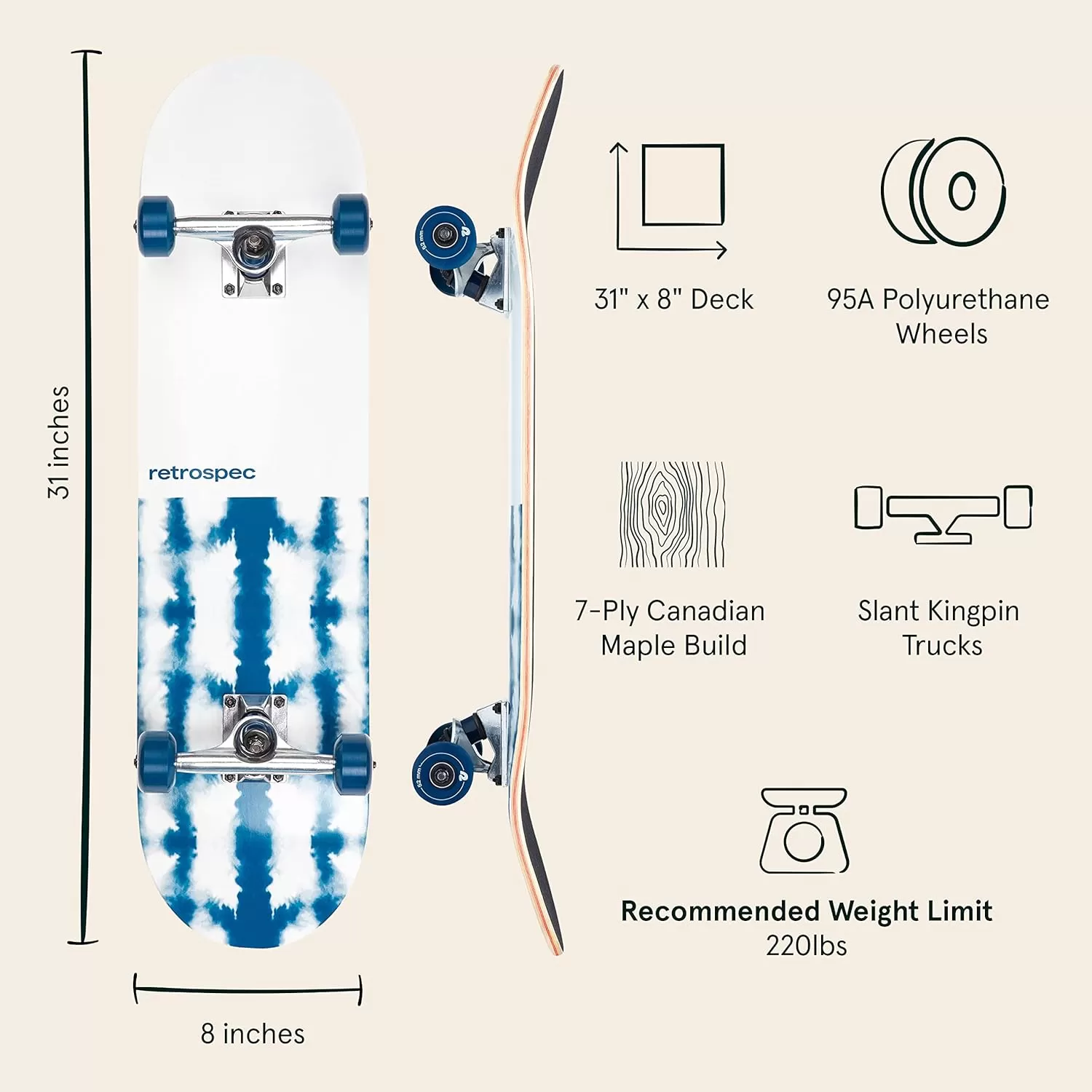 imageRetrospec Alameda Skateboard Complete  Canadian Maple Wood Deck w 55 Inch Aluminum Alloy Trucks for Commuting Cruising Carving ampamp Downhill RidingAzul Mist