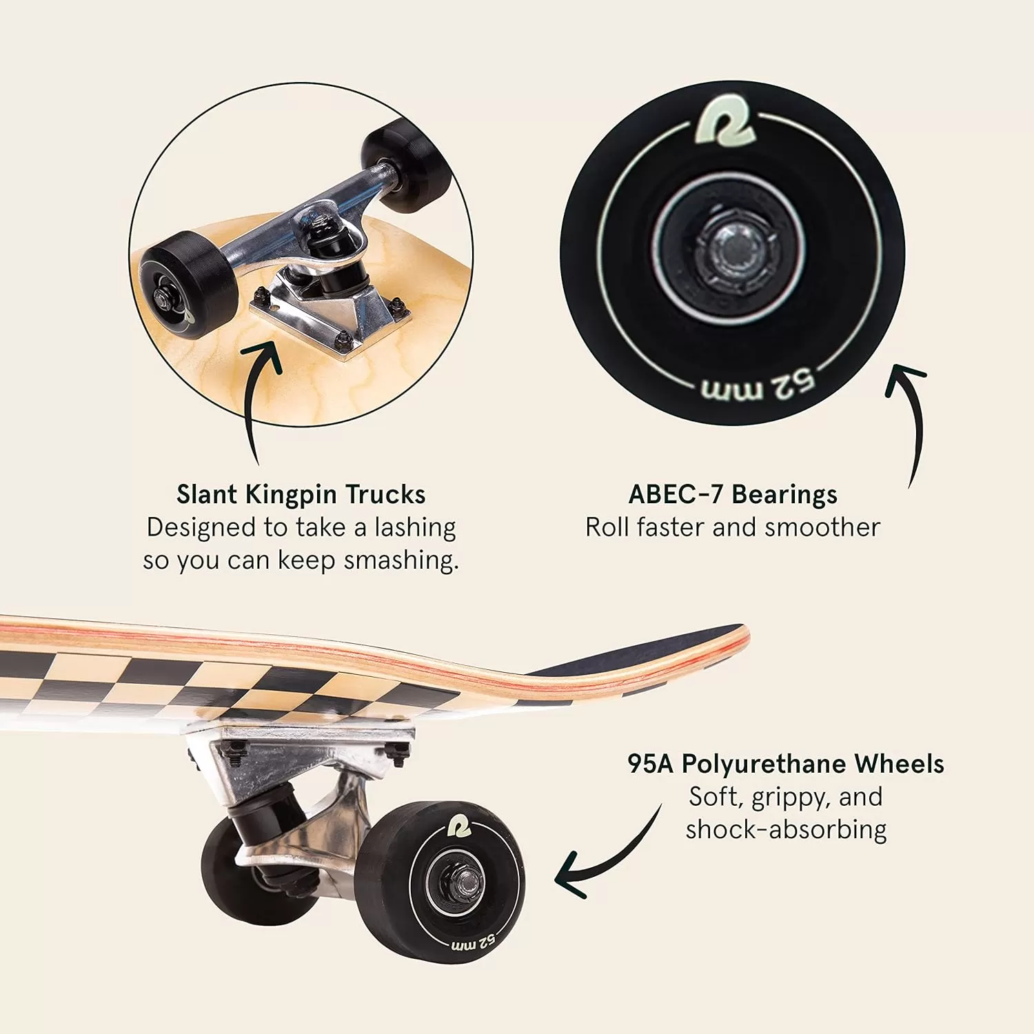 imageRetrospec Alameda Skateboard Complete  Canadian Maple Wood Deck w 55 Inch Aluminum Alloy Trucks for Commuting Cruising Carving ampamp Downhill RidingBlack Checker