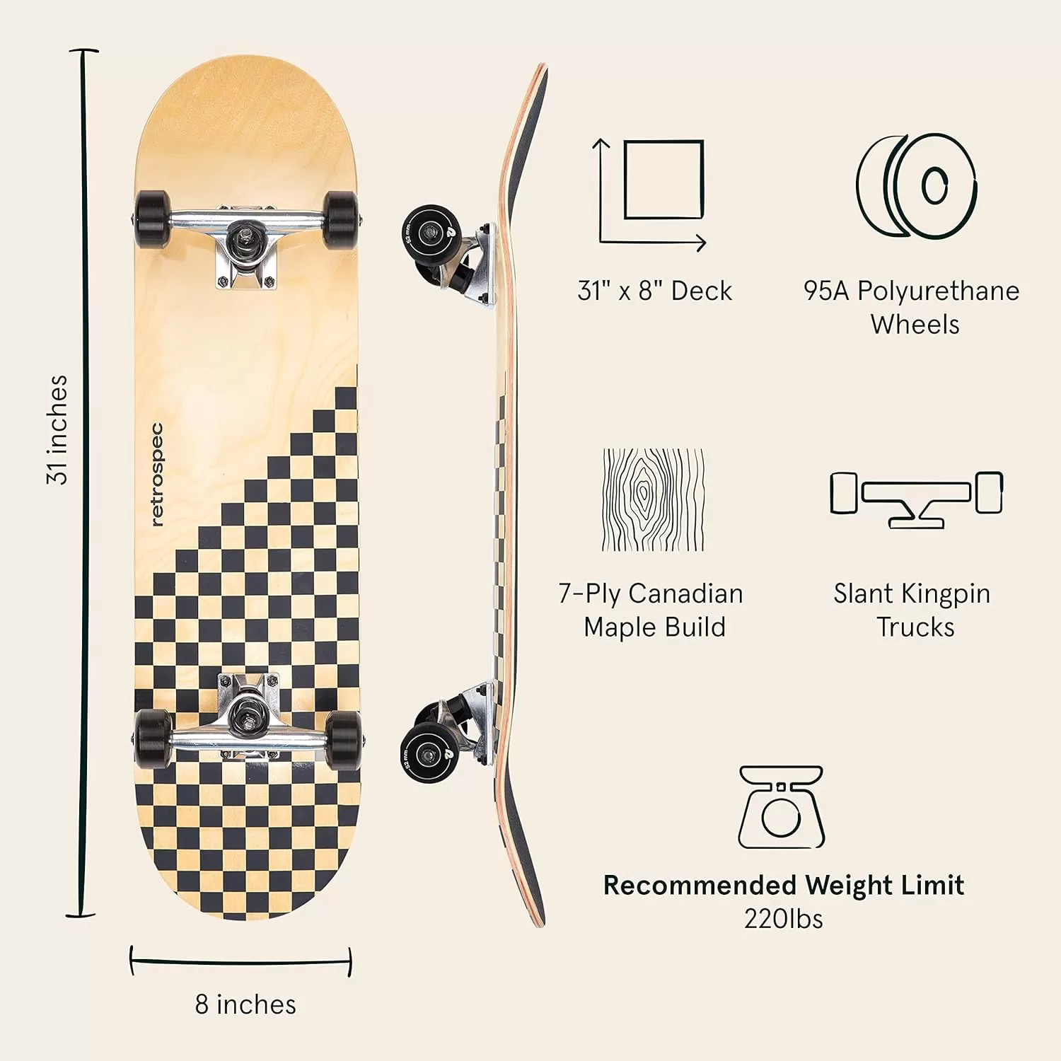 imageRetrospec Alameda Skateboard Complete  Canadian Maple Wood Deck w 55 Inch Aluminum Alloy Trucks for Commuting Cruising Carving ampamp Downhill RidingBlack Checker