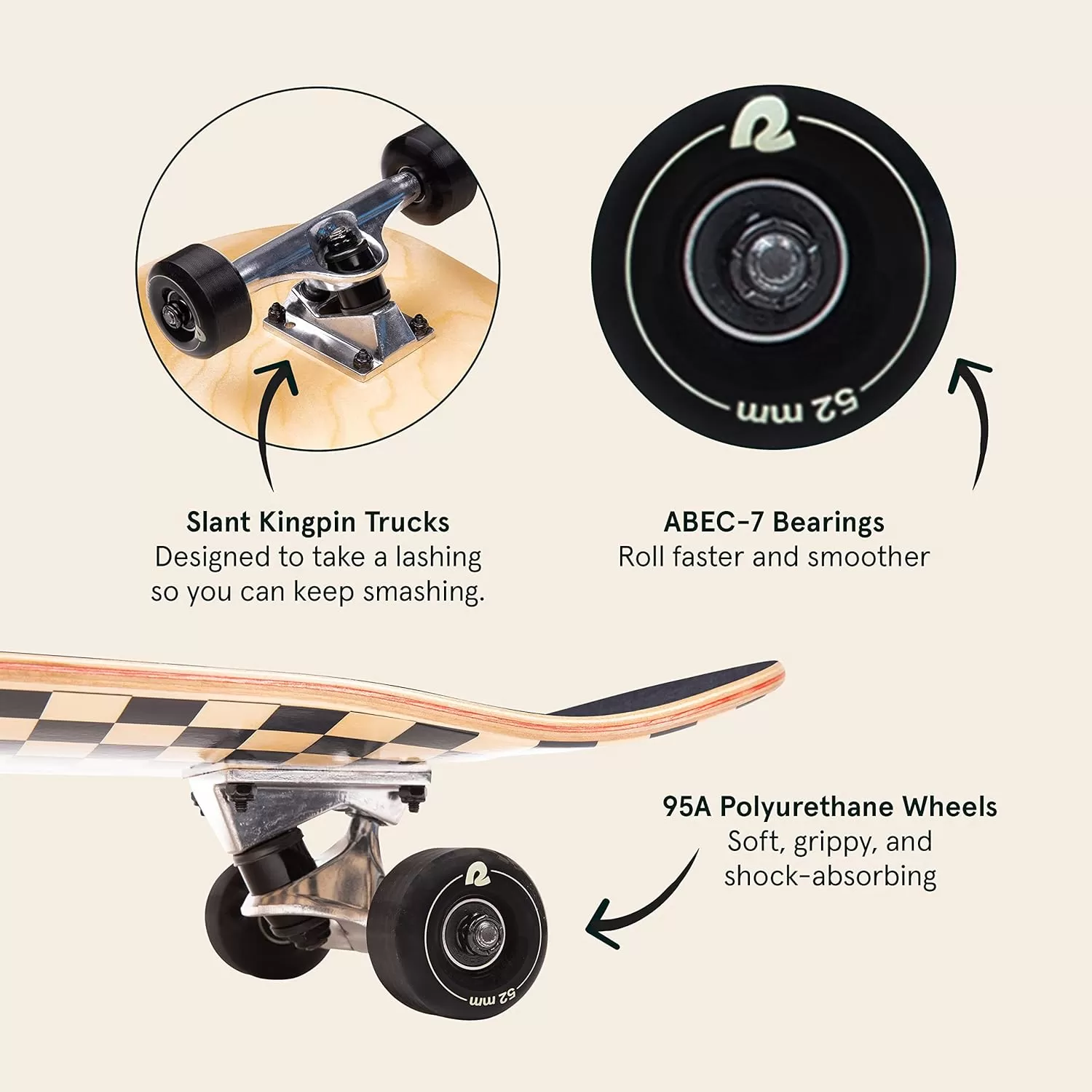 imageRetrospec Alameda Skateboard Complete  Canadian Maple Wood Deck w 55 Inch Aluminum Alloy Trucks for Commuting Cruising Carving ampamp Downhill RidingBlack Checker